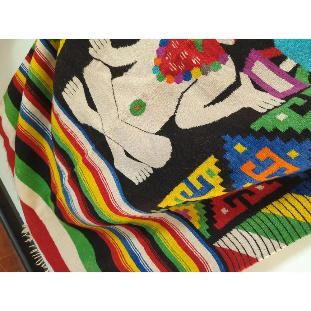 VINTAGE‎ 1960'S HAND WOVEN MEXICO MULTICOLOR WOOL BLANKET